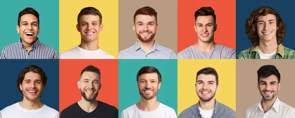Glada manliga ansikten över färgglada studio bakgrunder, samling av bilder — Stockfoto