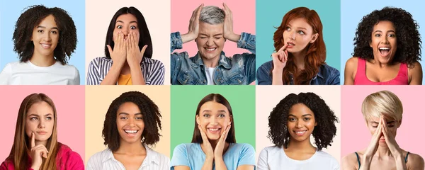 Koláž různých žen vyjadřujících různé emoce — Stock fotografie