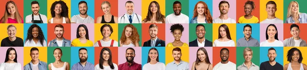 Fröhliche Gesichter. Mosaik glücklicher multiethnischer Männer und Frauen mit buntem Hintergrund — Stockfoto