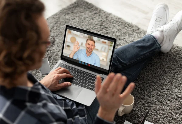 Video Call. Young Man Using Laptop For Web Conference With Male Friend — Stock Photo, Image