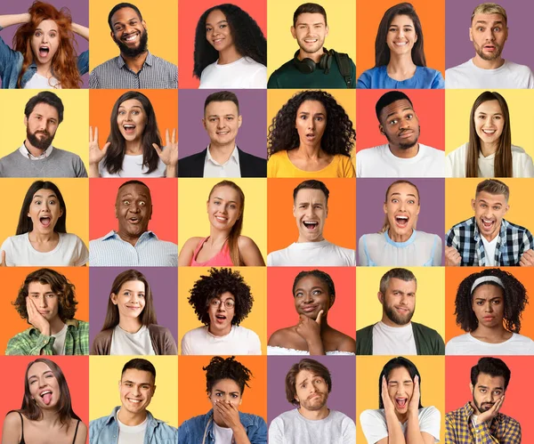 Viele Menschen porträtieren in Collage über farbenfrohen Studiohintergründen. Diversitätskonzept — Stockfoto