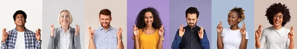 Personas multirraciales diferentes edades cruzando dedos, conjunto de fotos — Foto de Stock