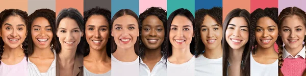Boldog Y-generációs hölgyek különböző nemzetiségűek, portrékészlet — Stock Fotó
