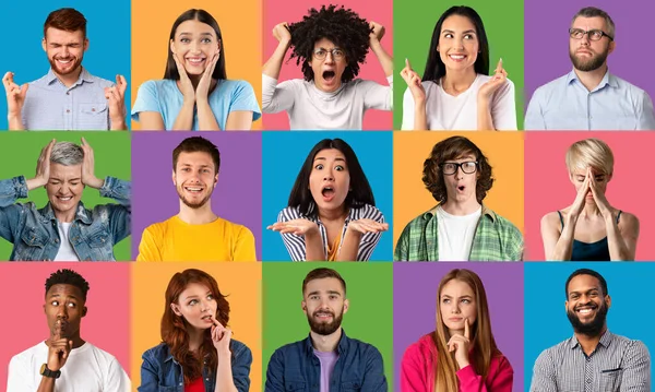 Diversas emociones collage. Conjunto de personas multirraciales se enfrenta sobre fondos de color. Retratos expresivos masculinos y femeninos — Foto de Stock