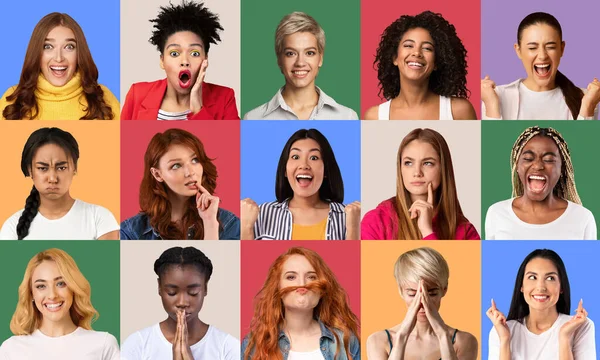 Collage van verschillende vrouwen die verschillende emoties uitdrukken — Stockfoto