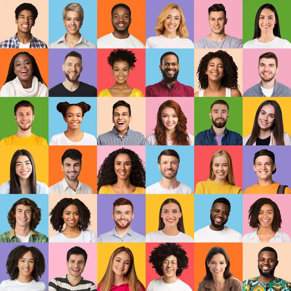 Mosaik av olika verkliga människor glada porträtt på färgglada studio bakgrunder — Stockfoto