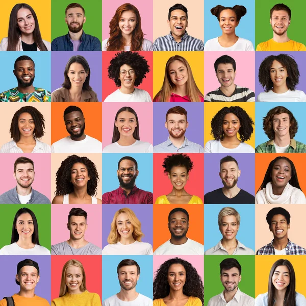 Set of diverse young people portraits with perfect smiles, colorful background — Stock Photo, Image