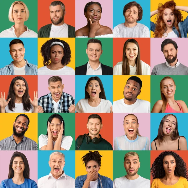 Kollage av multietniska människor som uttrycker olika känslor på ljusa bakgrunder. Begreppet mångfald i samhället — Stockfoto