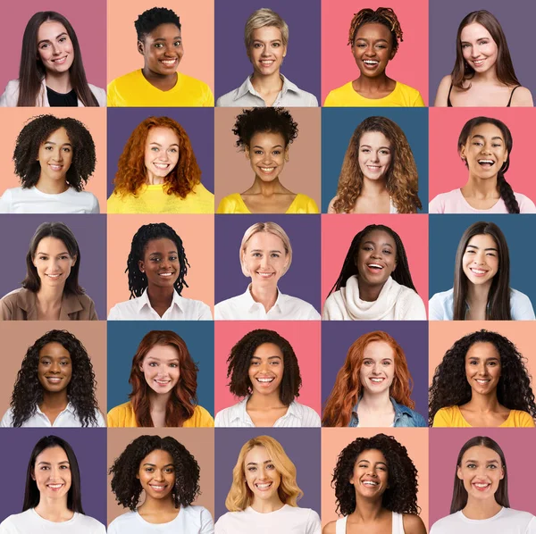 Mosaico de mujeres jóvenes multirraciales primer plano retratos sobre fondos de colores brillantes, collage cuadrado — Foto de Stock