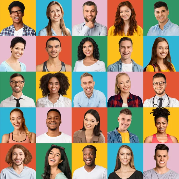 Diferentes retratos de personas felices. Collage con caras sonrientes multiétnicas masculinas y femeninas —  Fotos de Stock