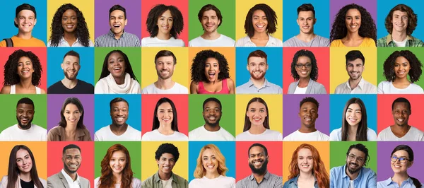 Mosaik av positiva glada multiracial millennials porträtt på olika färgglada studio bakgrunder — Stockfoto