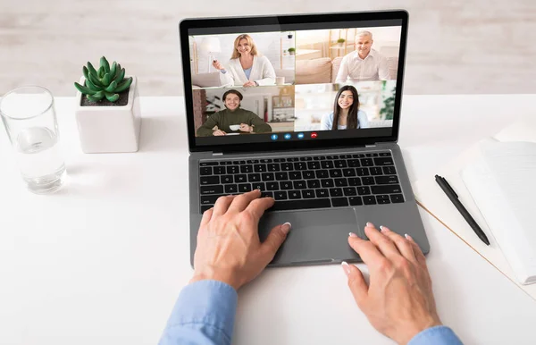 Virtual Meeting. Unrecognizable Businesswoman Having Group Video Call With Diverse Colleagues — Stock Photo, Image