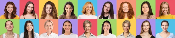 Mujeres multiétnicas positivas sonriendo alegremente sobre fondos coloridos — Foto de Stock