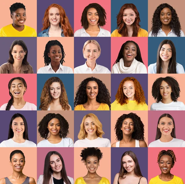 Collage sur la diversité féminine. Photos rapprochées de femmes multiethniques posant dans des studios — Photo