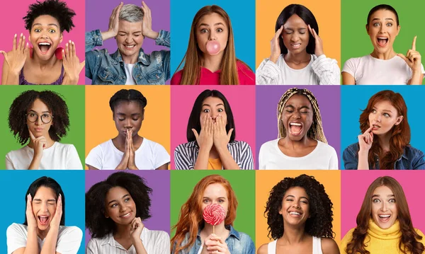 Collage set di donne diverse che esprimono emozioni diverse — Foto Stock
