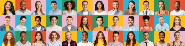 Mosaik mit glücklichen multiethnischen Millennials, die über bunten Hintergrund lächeln — Stockfoto