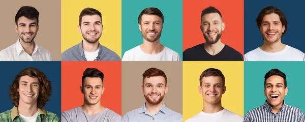 Fiatal multiracionális fickók mosolyognak a stúdió hátterén, portrékat készítenek — Stock Fotó