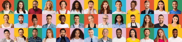 Collage de personas diversas que expresan diferentes emociones y reacciones, panorama — Foto de Stock