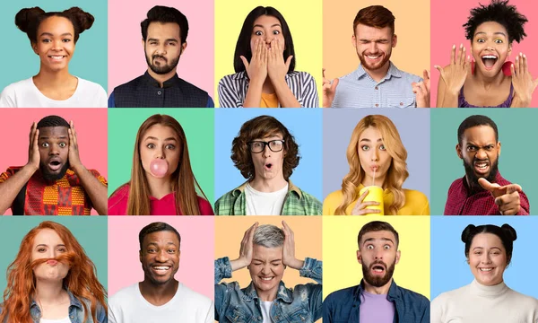 Collage van diverse mensen die verschillende emoties uitdrukken op kleurrijke achtergronden — Stockfoto