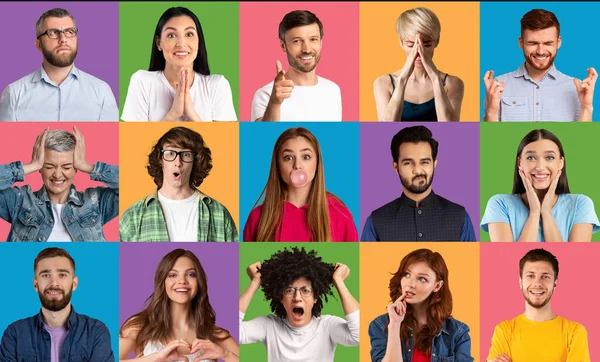 Concepto de comunidad de personas diversas. Collage de fotos humanas multirraciales sobre fondos de estudio brillantes — Foto de Stock