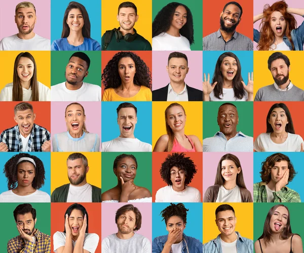 Conjunto de personas expresivas diversas que muestran todo tipo de emociones en fondos de estudio brillantes — Foto de Stock