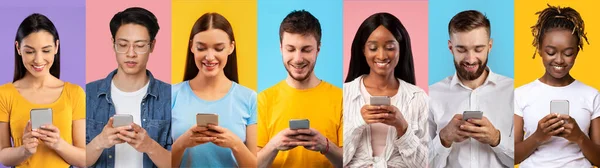 Millennials verschiedener Nationalitäten mit Smartphones, eine Reihe von Fotos — Stockfoto