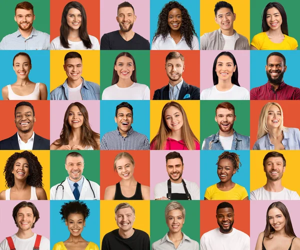 Grupa zróżnicowanych międzyrasowych osób uśmiechających się na kolorowe tła, kreatywny kolaż — Zdjęcie stockowe