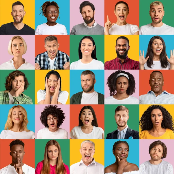 Collage di emozioni umane. Mosaico di ritratti maschili e femminili su vari sfondi studio di colore — Foto Stock