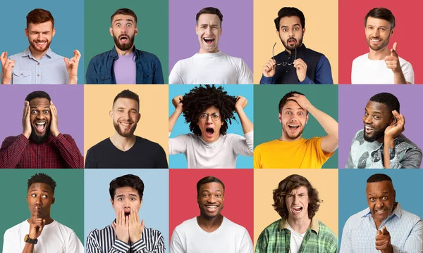 Collage av olika killar som uttrycker olika känslor på färgglada bakgrunder — Stockfoto