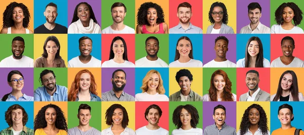 Joyful millennials emociones collage. Sonrientes retratos de jóvenes multirraciales en coloridos fondos de estudio — Foto de Stock