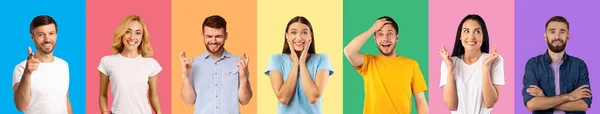 Série de rostos humanos expressando todos os tipos de emoções positivas sobre fundos de estúdio multicoloridos. Sociedade mosaico — Fotografia de Stock