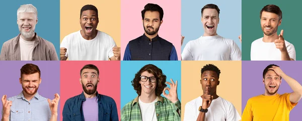 Kolaż różnorodnych facetów wyrażających różne emocje — Zdjęcie stockowe