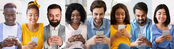 Kolekcja wielorasowych milenijnych osób korzystających z telefonów komórkowych, panorama — Zdjęcie stockowe