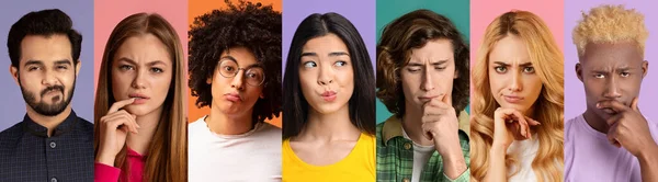 Thoughtful multiracial young people posing on colorful backgrounds — Stock Photo, Image