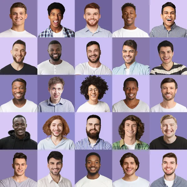 Zorgeloze multiraciale jongens tonen witte glimlachen, collectie van portretten — Stockfoto