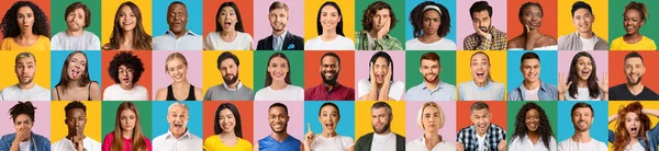 Collage av känslomässiga multietniska människor porträtt med riktiga män och kvinnor ansikten på olika ljusa studio bakgrunder — Stockfoto