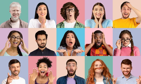 Multiple collage of diverse people expressing different emotions, montage — Stock Photo, Image