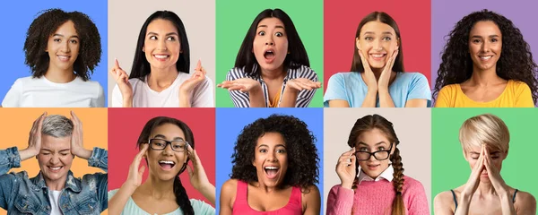 Collage van multiculturele vrouwen die verschillende emoties uitdrukken, panorama — Stockfoto