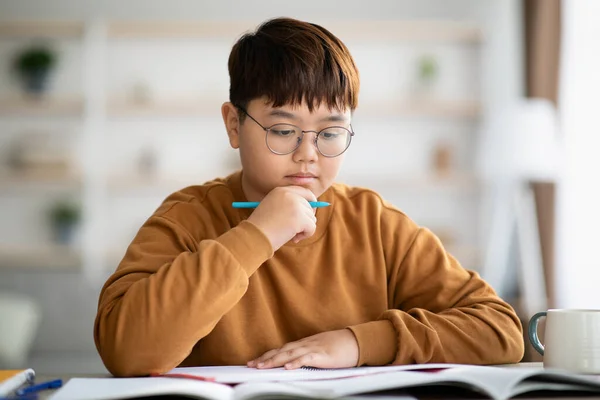 Akıllı Koreli çocuk evde ödev yapıyor. — Stok fotoğraf
