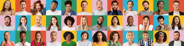 Collage di emozioni diverse. Collezione di persone multietniche volti su vari sfondi di colore, panorama — Foto Stock