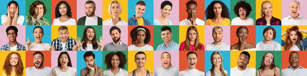 Collage av känslomässiga människor ansikten, multiracial kvinnliga och manliga headshots tittar på kameran på färgglada bakgrunder — Stockfoto