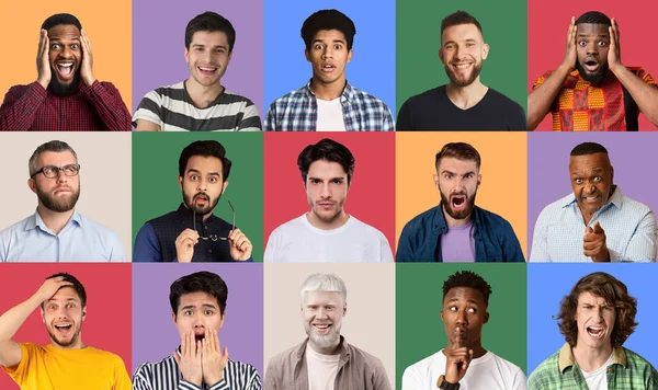 Zestaw kolaż różnorodnych facetów wyrażających różne emocje — Zdjęcie stockowe