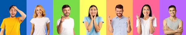 Mosaic of diverse people showing various positive feelings and emotions on bright studio backgrounds, collage — Stock Photo, Image