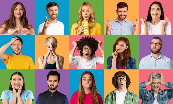 Gesichter und Emotionen von Menschen unterschiedlicher Rassen. Sammlung diverser Männer- und Frauenporträts mit farbenfrohen Hintergründen — Stockfoto