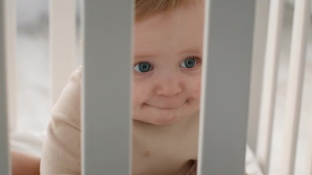 Adorable petit enfant en bas âge regardant dehors tout en étant assis à l'intérieur du lit de bébé — Video