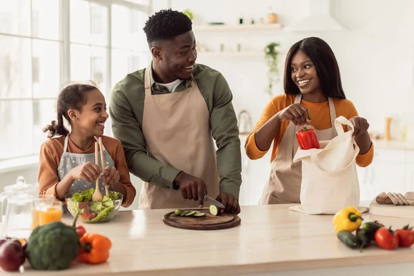 Neşeli Siyah Aile Yemekleri Modern Mutfakta Sebze Salatası Yapıyor — Stok fotoğraf