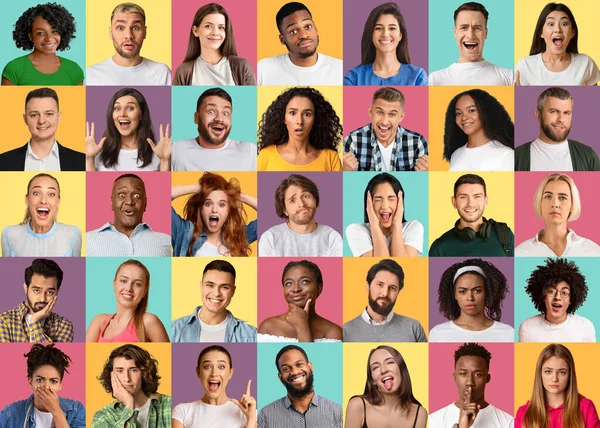 Uppsättning multietniska män och kvinnor porträtt över färgglada studio bakgrunder, kreativt collage. Begreppet mångfald i samhället — Stockfoto