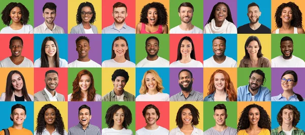Positiva känslor inställda. Collage av multiracial millennials porträtt på olika färgglada studio bakgrunder — Stockfoto