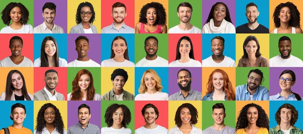 Emozioni positive impostate. Collage di ritratti multirazziali millennials su diversi sfondi studio colorati — Foto Stock