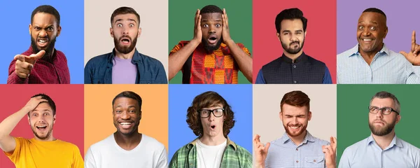 Collage van multiculturele mannen die verschillende emoties uitdrukken, panorama — Stockfoto